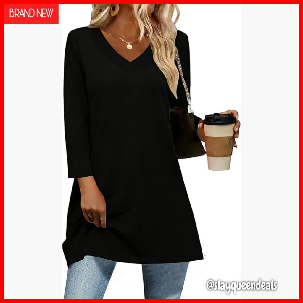 V-Neck Tunic Top With 3/4 Sleeves, Polyester Rayon Blend, Regular Fit